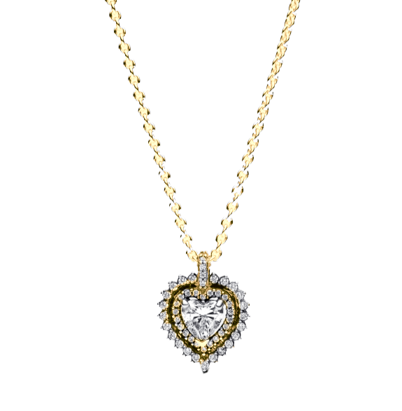 Made of 18k yellow gold, the heart features a 0.55-carat diamond center and a halo of 40 smaller diamonds, adding up to 0.50 carats.