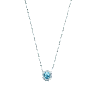 Aquamarine Pendant, in platinum with a round aquamarine and round brilliant diamonds.