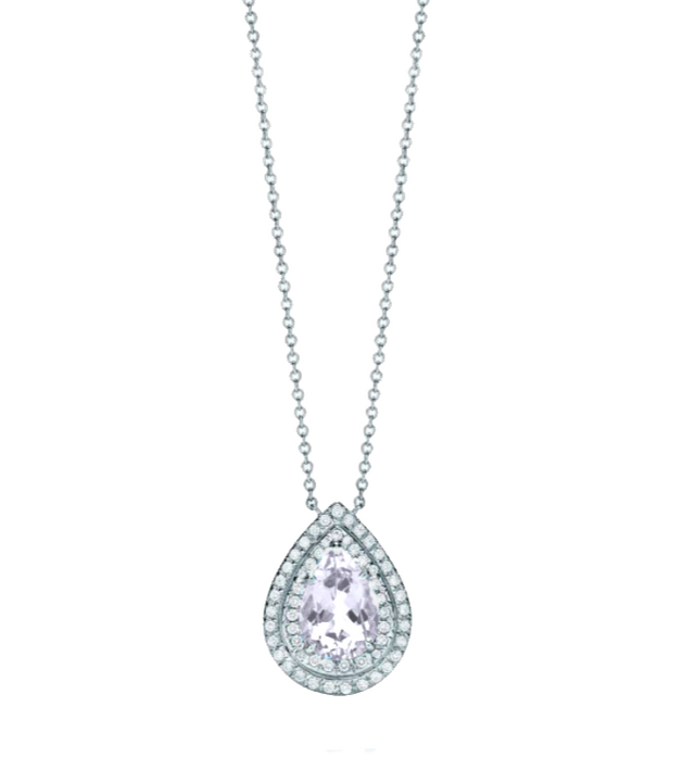 This elegant necklace features a 1.5-carat pear-shaped diamond at its center, framed by a double halo of 0.3-carat round diamonds, all set in premium white gold. The central diamond&#39;s clarity and brilliance are amplified by the surrounding stones for a cla