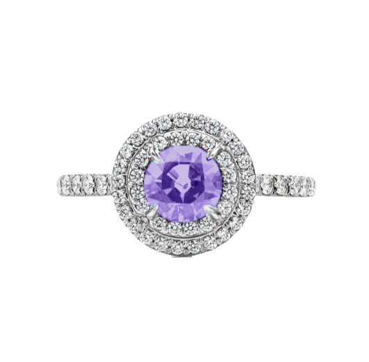 A 0.75-carat round-cut Amethyst set in a double halo of 0.50-carat pavé diamonds. Crafted in 18K white gold with additional pavé diamonds on the band, bringing the total carat weight to 1.25.