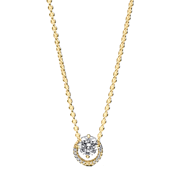 Featuring a 0.70-carat brilliant-cut center diamond and a halo of 22 smaller diamonds, this 18k yellow gold piece weighs 0.40 carats in accent stones.