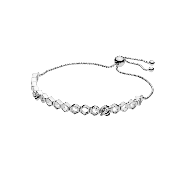 This bracelet is made of 18-carat white gold, weighing 18 grams, with hexagonal links featuring diamond accents totaling 0.30 carats.