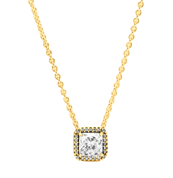 This pendant is set with a 0.65-carat cushion-cut diamond, surrounded by 32 accent diamonds totaling 0.40 carats, all mounted in 18k yellow gold.
