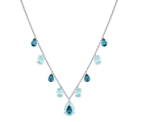This bold necklace showcases a large multi-faceted blue crystal from Shadowmoon Valley as the centerpiece, weighing an impressive 4 carats. Encircled by smaller accent stones in lighter blue hues, totaling 1.5 carats, this pendant creates a dazzling effect