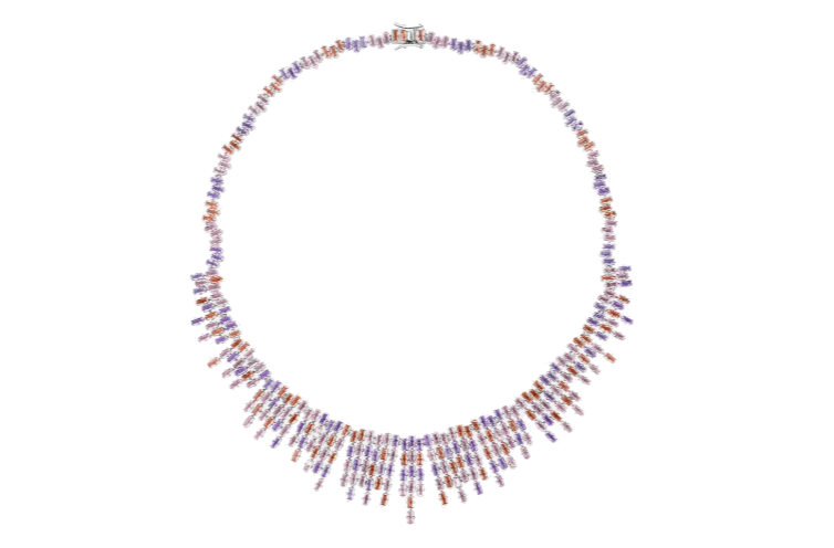 The main crystals are carefully cut, totaling approximately 2.5 carats, and are evenly spaced along a sterling silver chain. Each crystal captures the soft glow of Talador’s serene forests, with a total weight of around 4 carats.