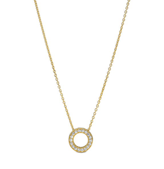 Made of 18k yellow gold, the pendant measures 2.5 cm in diameter and is encrusted with 36 diamonds totaling 0.75 carats.