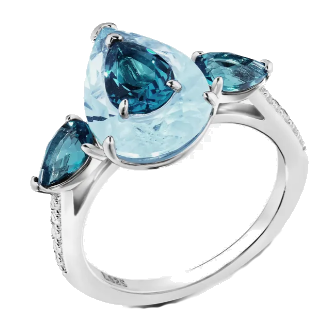 An eighteen-carat white gold ring with blue shadowmoon crystals, bringing the total carat weight to 1.5.