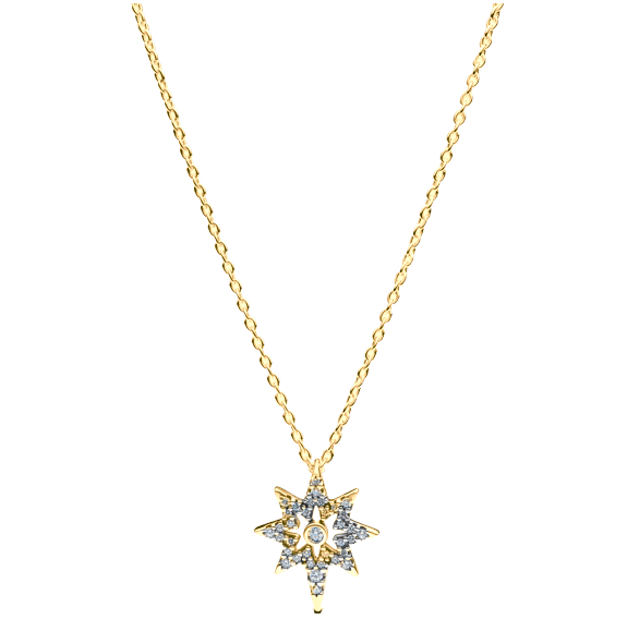 Crafted from 18k yellow gold, the starburst pendant showcases 48 diamonds, with a total weight of 1.10 carats.