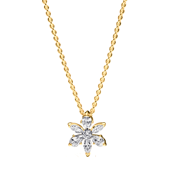 Composed of 18k yellow gold, this floral pendant includes 6 marquise-cut diamonds and 12 round diamonds, totaling 1.25 carats.