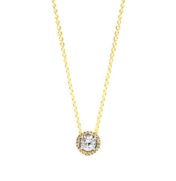 Centered with a 0.50-carat round brilliant diamond, this 18k yellow gold piece features an additional halo of 28 smaller diamonds weighing 0.35 carats.