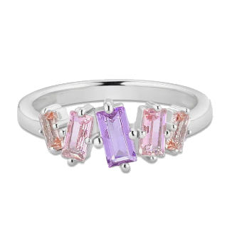 An eighteen-carat white gold ring with pink and purple talador crystals, bringing the total carat weight to 1.5.