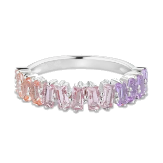 An sterling silver ring with purple and pink talador, bringing the total carat weight to 1.5.