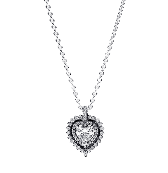 Made of 18k white gold, the heart features a 0.55-carat diamond center and a halo of 40 smaller diamonds, adding up to 0.50 carats.