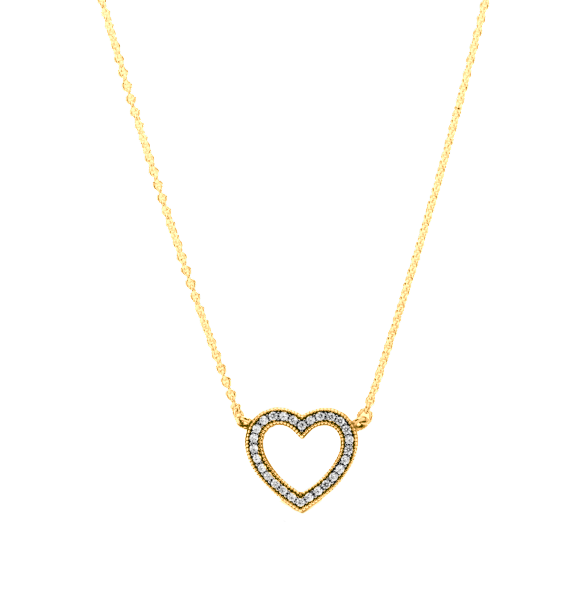 The heart pendant, made from 18k yellow gold, is set with 0.60 carats of diamonds distributed across 42 stones.