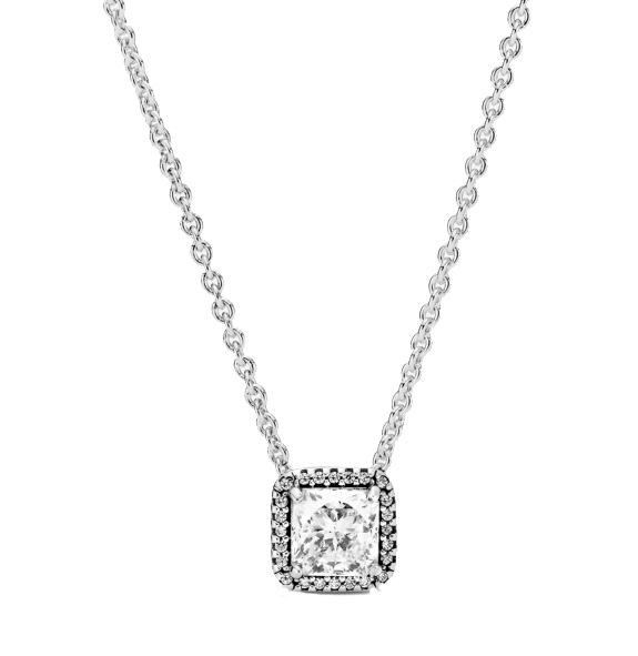 This pendant is set with a 0.65-carat cushion-cut diamond, surrounded by 32 accent diamonds totaling 0.40 carats, all mounted in 18k white gold.