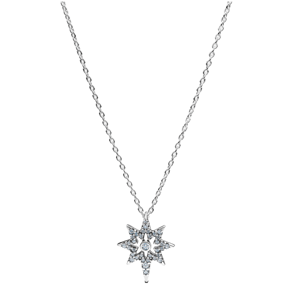 Crafted from 18k white gold, the starburst pendant showcases 48 diamonds, with a total weight of 1.10 carats.