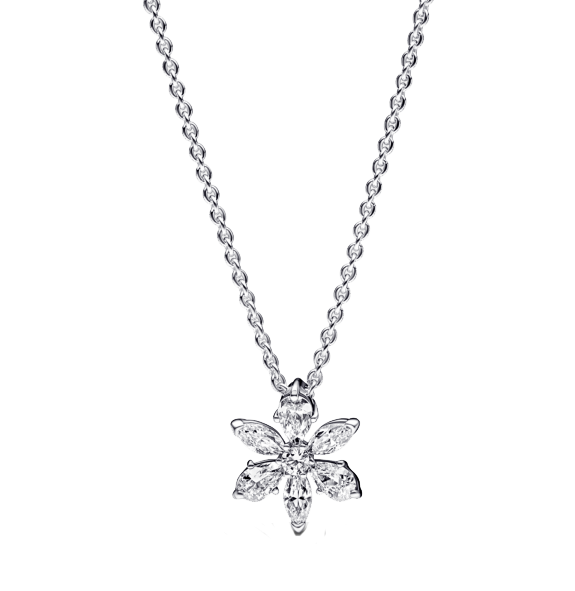 Composed of 18k white gold, this floral pendant includes 6 marquise-cut diamonds and 12 round diamonds, totaling 1.25 carats.