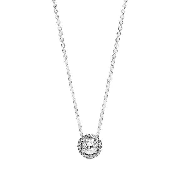 Centered with a 0.50-carat round brilliant diamond, this 18k white gold piece features a halo of 28 smaller diamonds weighing 0.35 carats.