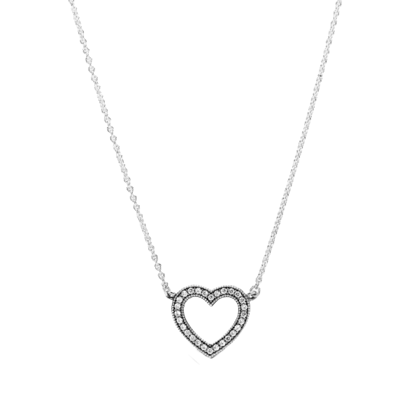 The heart pendant, made from 18k white gold, is set with 0.60 carats of diamonds distributed across 42 stones.