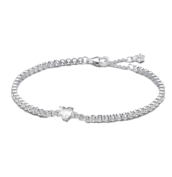 Crafted in 18-carat white gold, this bracelet showcases a central heart-shaped diamond weighing 0.50 carats, complemented by 50 surrounding diamonds of 0.02 carats each, bringing the total carat weight to 1.50 carats.
