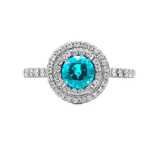 A 0.75-carat round-cut Aquamarine set in a double halo of 0.50-carat pavé diamonds. Crafted in 18K white gold with additional pavé diamonds on the band, bringing the total carat weight to 1.25.