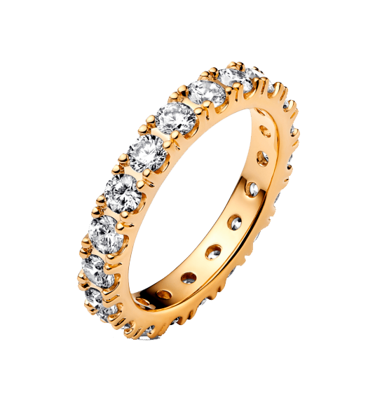 An eighteen-carat yellow gold ring with round-cut diamonds on the band, bringing the total carat weight to 1.1.