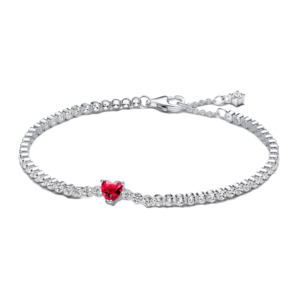 This bracelet, crafted in 18-carat white gold, features a central ruby weighing 0.70 carats, surrounded by 45 diamonds weighing 0.03 carats each, for a total carat weight of 2.05 carats.