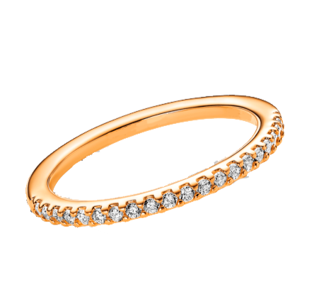 An eighteen-carat yellow gold ring with round-cut diamonds on the band, bringing the total carat weight to 1.0.